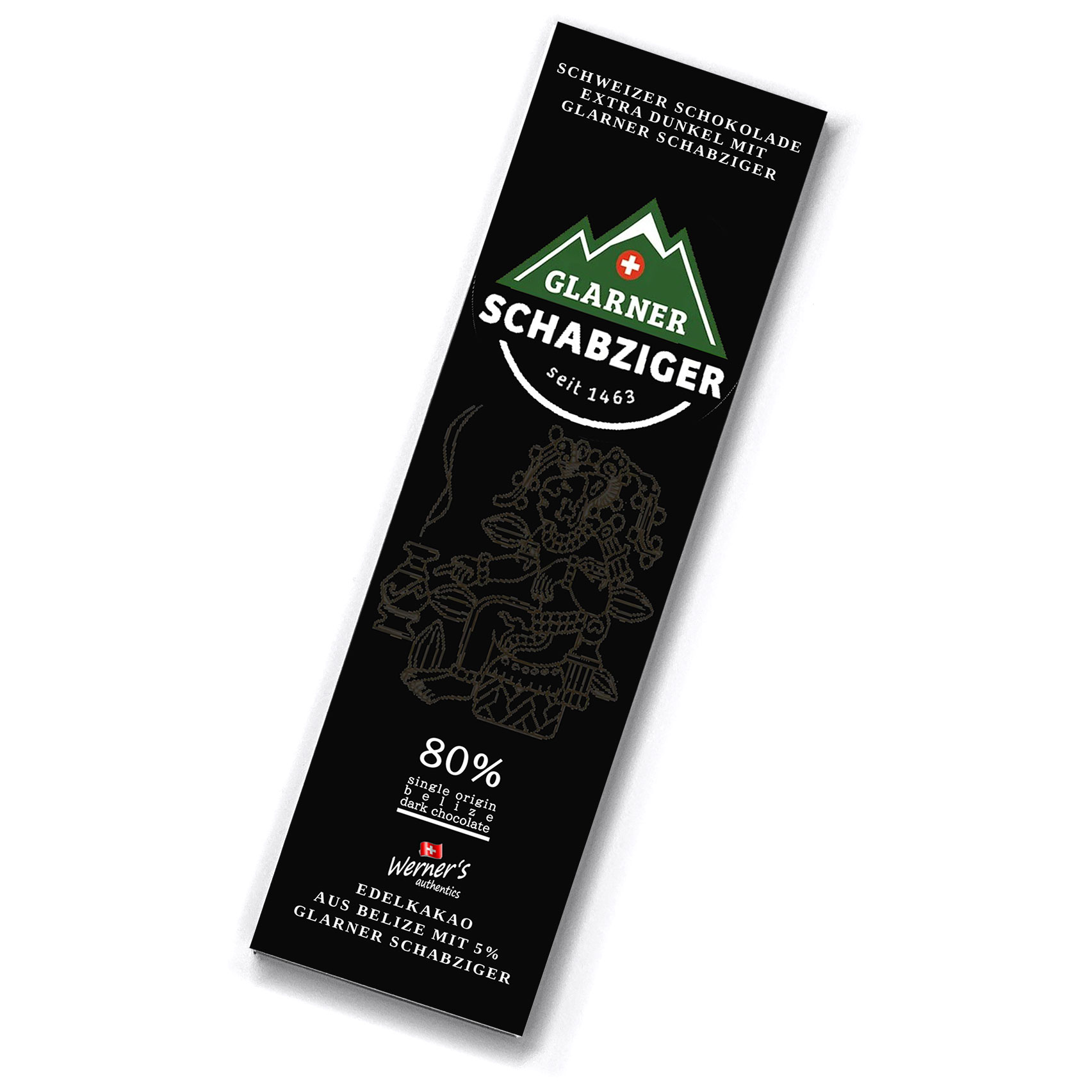 Schweizer Schokolade 80%, mit Glarner Schabziger Schweizer Schokolade 80%, mit Glarner Schabziger